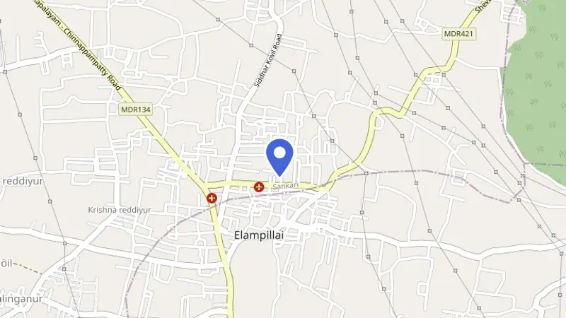 Map of Elampillai, Salem district, with a pin marking the Velosoft office near Sankari Main Road
